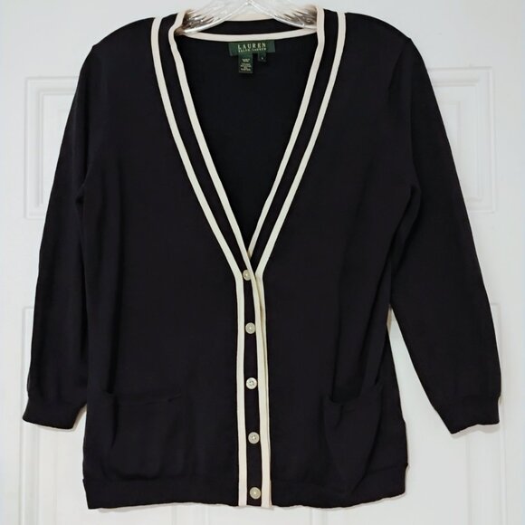 Ralph Lauren Sweater Cardigan Silk V Neck Navy Ivory Preppy Office Nautical S - Picture 13 of 14